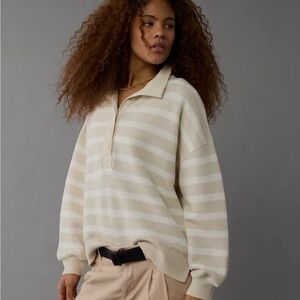American Eagle Outfitters Cream Striped Sweatshirt Big Hug Henley